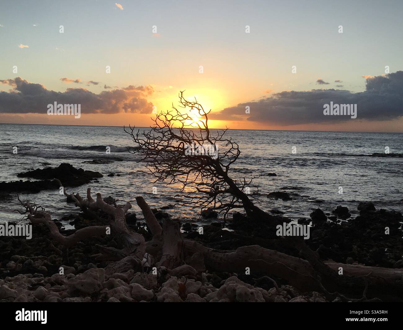 Sunset at Hapuna Beach on the Big Island of Hawaii. Stock Photo