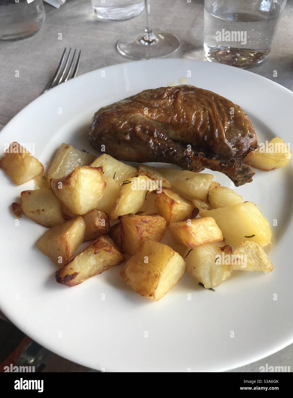 Roast guinea fowl served with roast potatoes - Smartphone Captured Stock Image