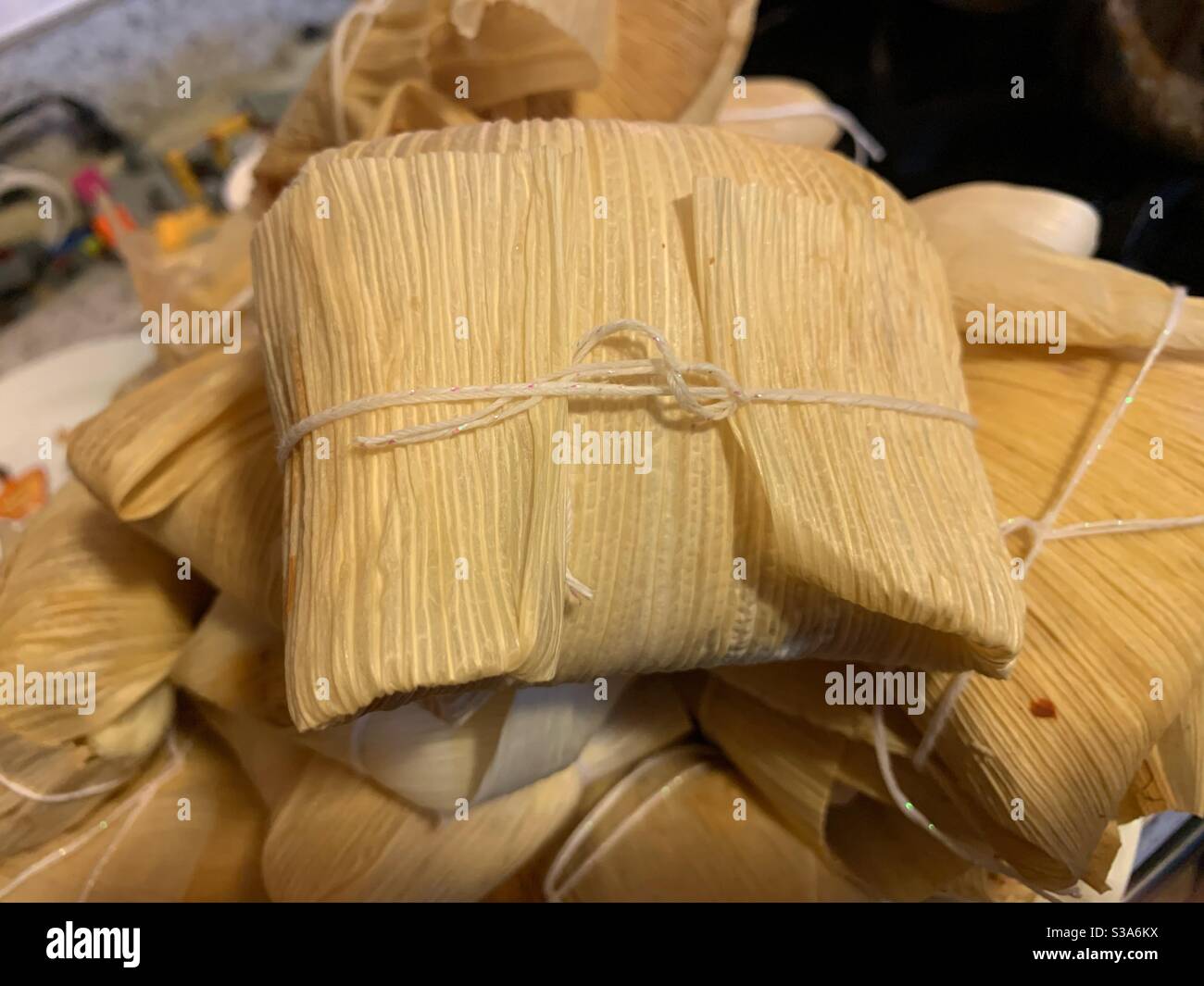 Pile of homemade Mexican tamales for a delicious dinner. - Smartphone Captured Stock Image
