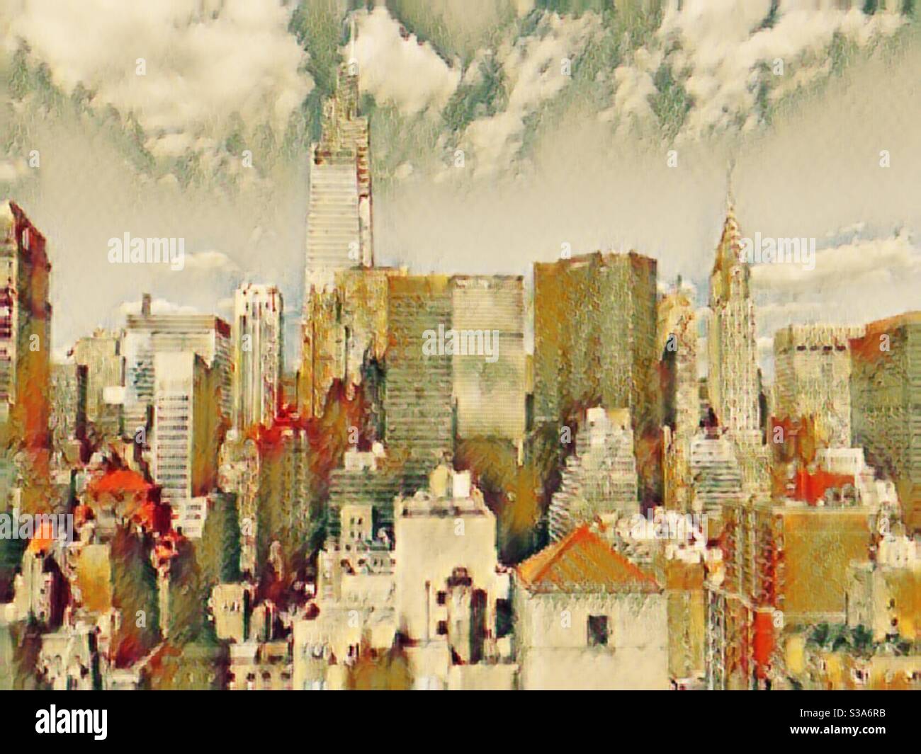 Stylized photograph of Midtown Manhattan including one Vanderbilt in the Chrysler building from high-rise roof deck in Murray Hill looking north, NYC, USA - Smartphone Captured Stock Image