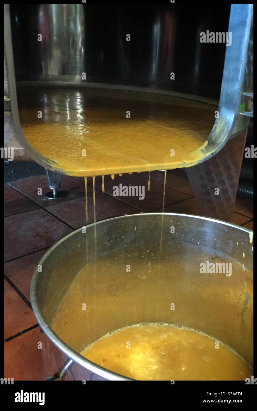 Emptying a stainless steel tank of yeast lees in the winery, Catalonia, Spain. - Smartphone Captured Stock Image