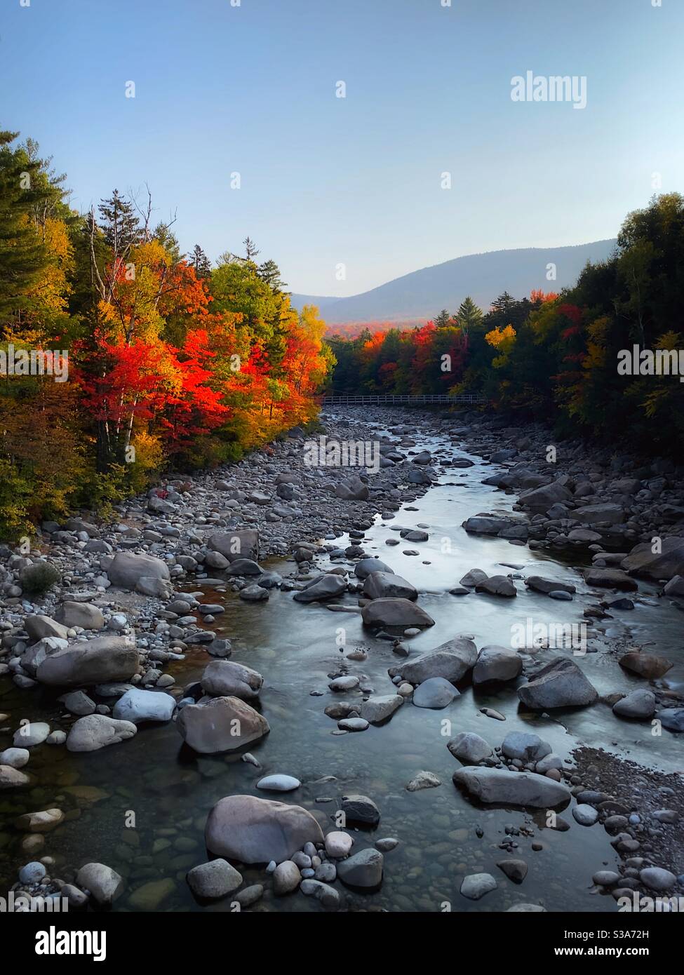 Early morning on the Pemigewasset River with the brilliant fall colors glowing in the sun. Stock Photo