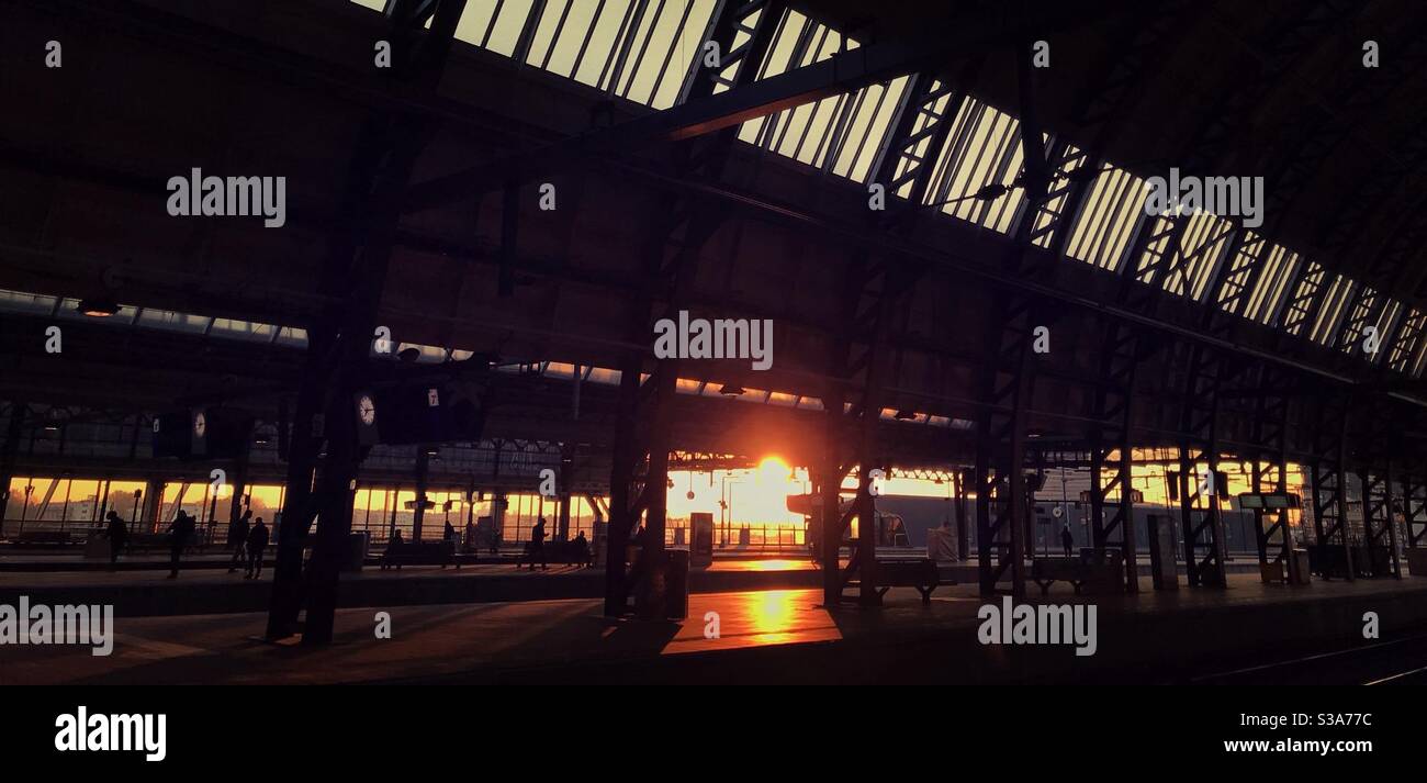 Sunrise in Amsterdam Centraal station platform 2 - Smartphone Captured Stock Image