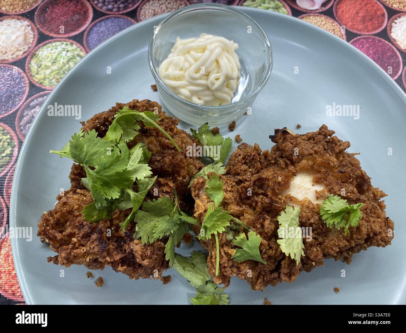 Mayonnaise, Homemade Fried Chicken, Coriander - Smartphone Captured Stock Image