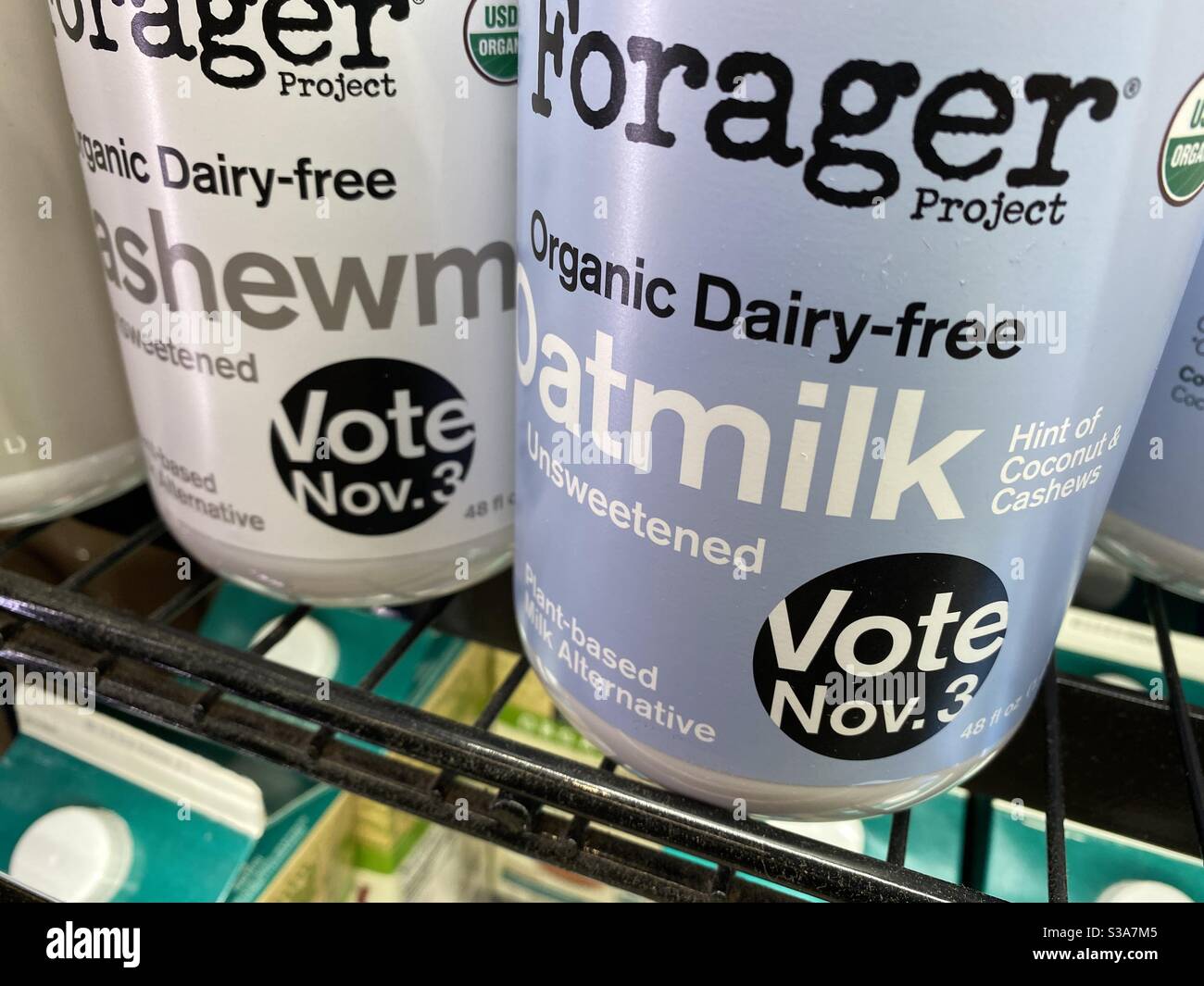 Packaged goods companies encourage consumers to vote on November 3rd in the US election. This packaging from Forager Project has a voting reminder on the label. Stock Photo