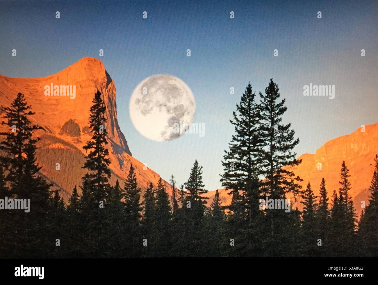 Hah Ling Peak, moon, Bow Valley Provincial Park, Alberta, Canada - Smartphone Captured Stock Image