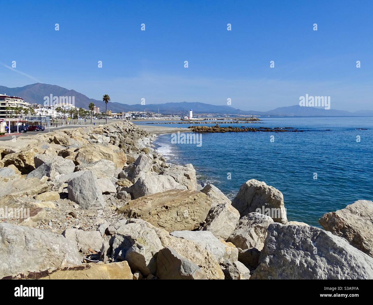 Rocky sea shore on the Costa Del Sol in southern Spain Stock Photo