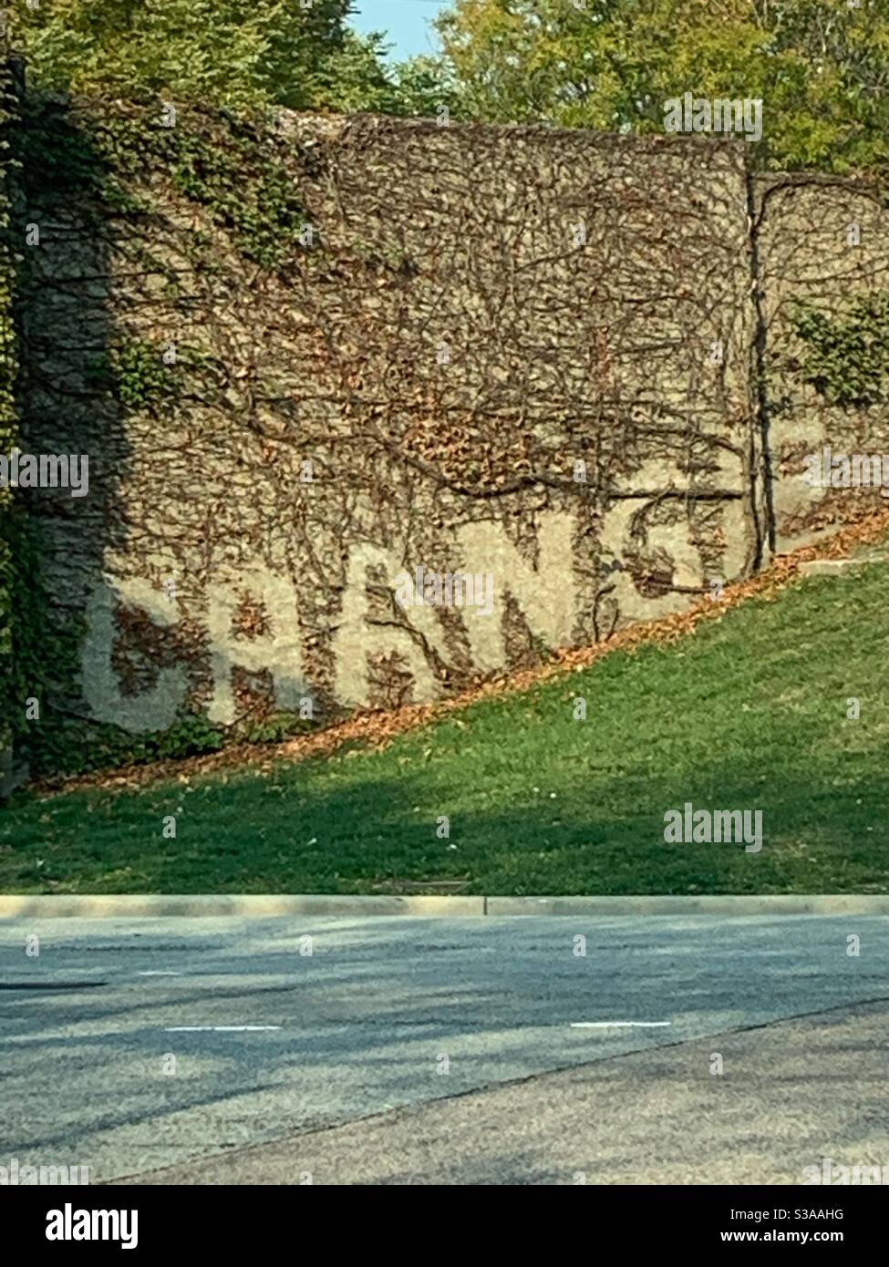The word Change written in capital letters on the Lakeshore Drive bridge overpass at North Avenue in downtown Chicago. Stock Photo