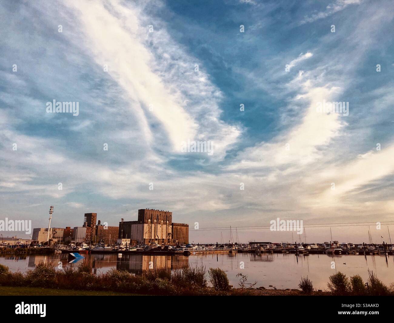 Angelic sky over the waterfront in Port Colborne, Ontario, Canada. Stock Photo