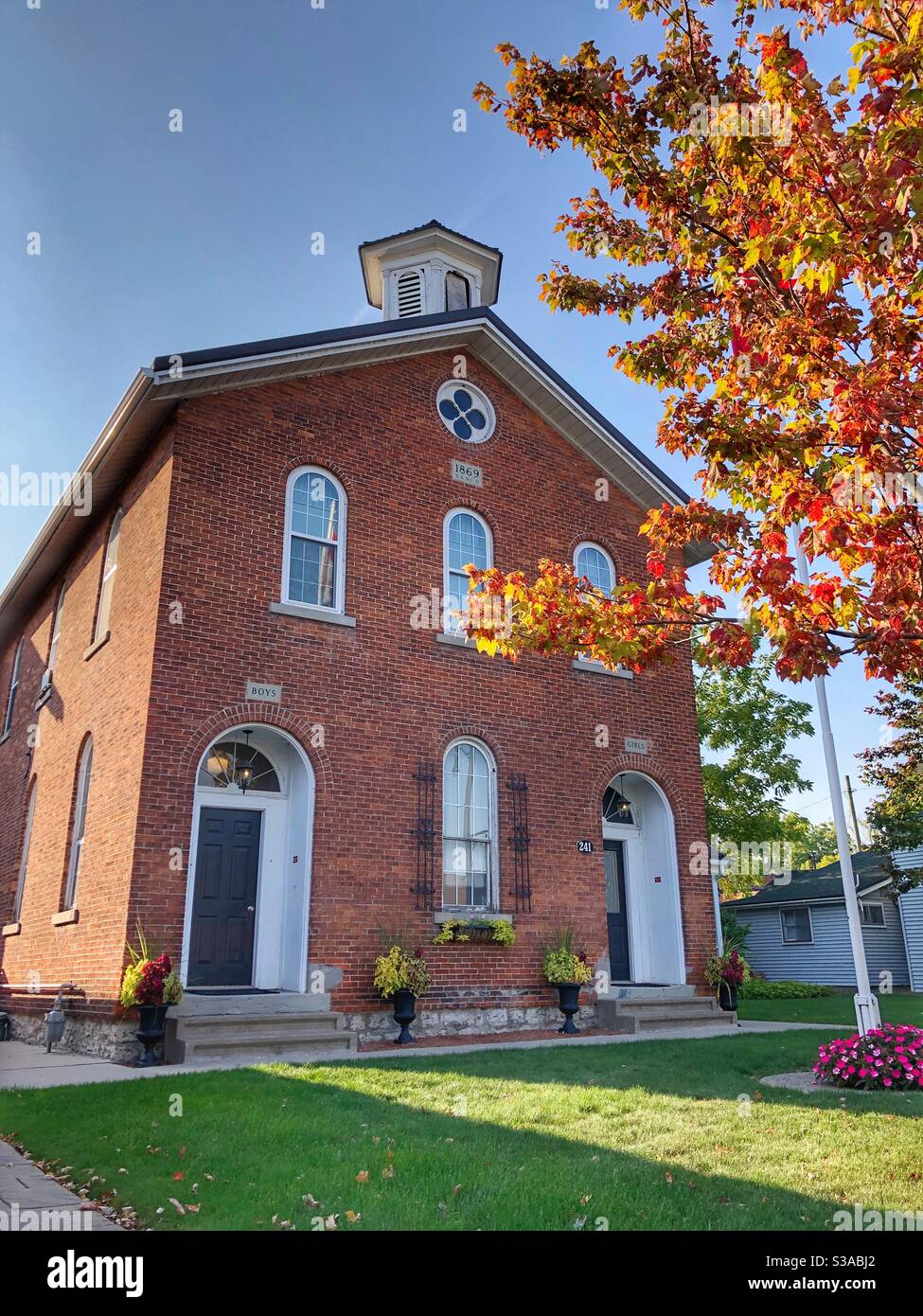 A historical colonial red brick building in Ridgeway, Ontario, Canada