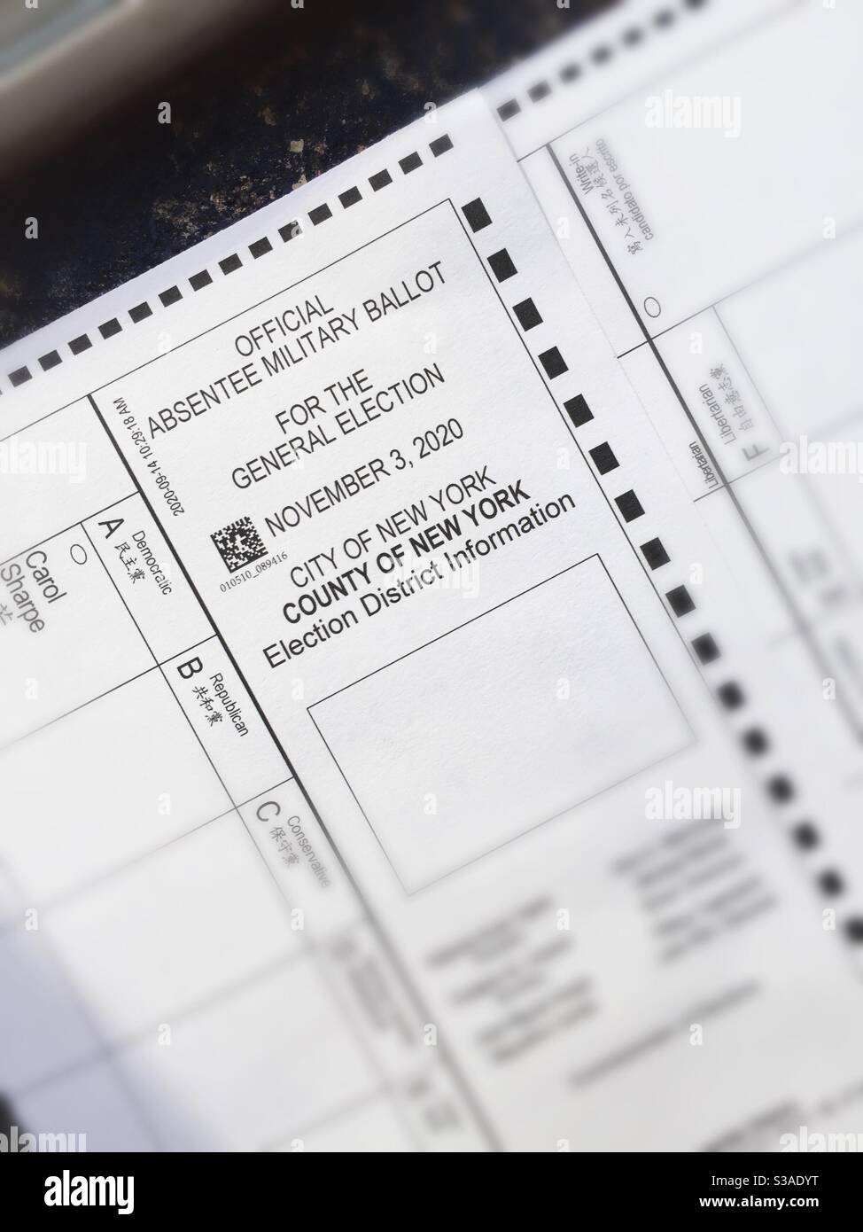 Close up of an official military absentee ballot for the 2020 general election, United States - Smartphone Captured Stock Image
