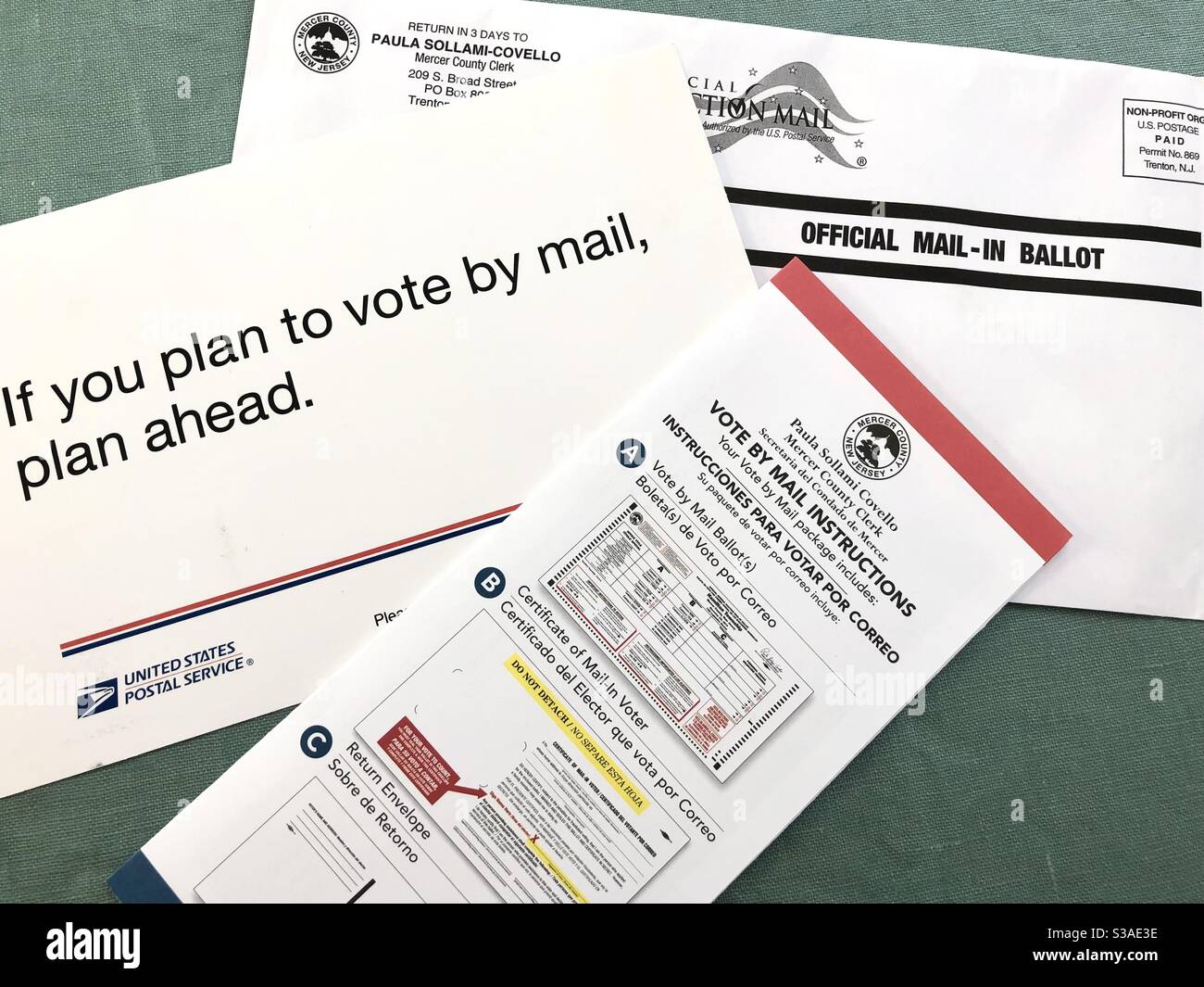 Princeton, NJ -14 OCT 2020- View of mail in ballots in New Jersey for the 2020 election in the United States. Stock Photo