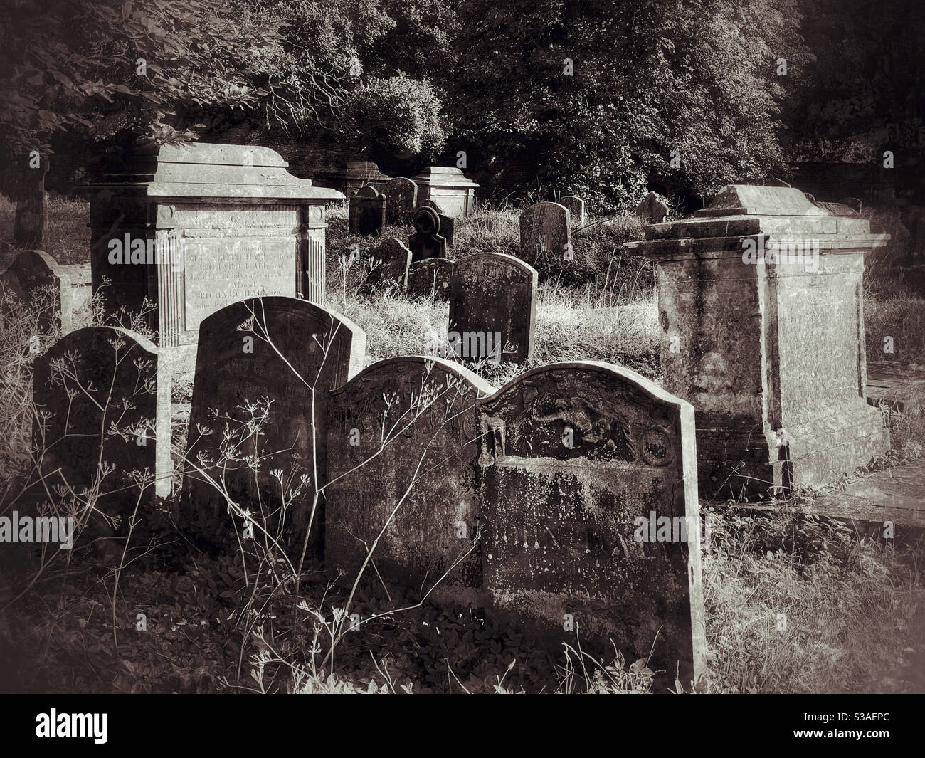 A retro effect sepia toned image of an Anglican Church graveyard, somewhere in England. Photo ©️ COLIN HOSKINS. - Smartphone Captured Stock Image