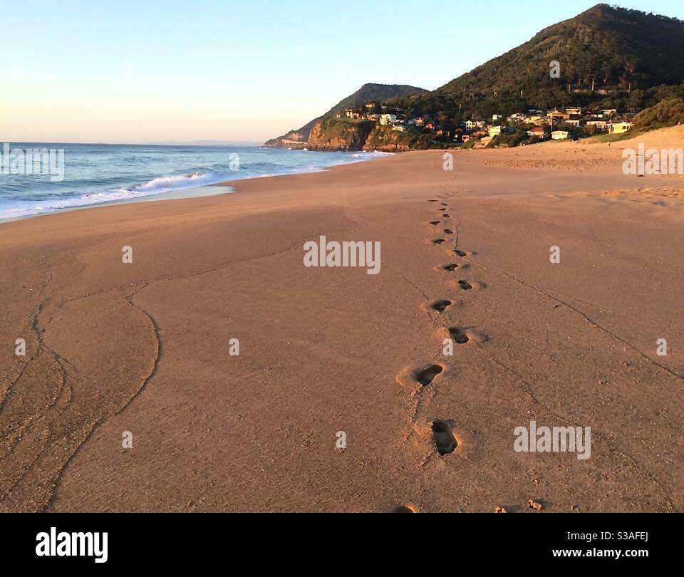 Lone footprints in the sand on Stanwell Park beach, NSW Australia. Stock Photo