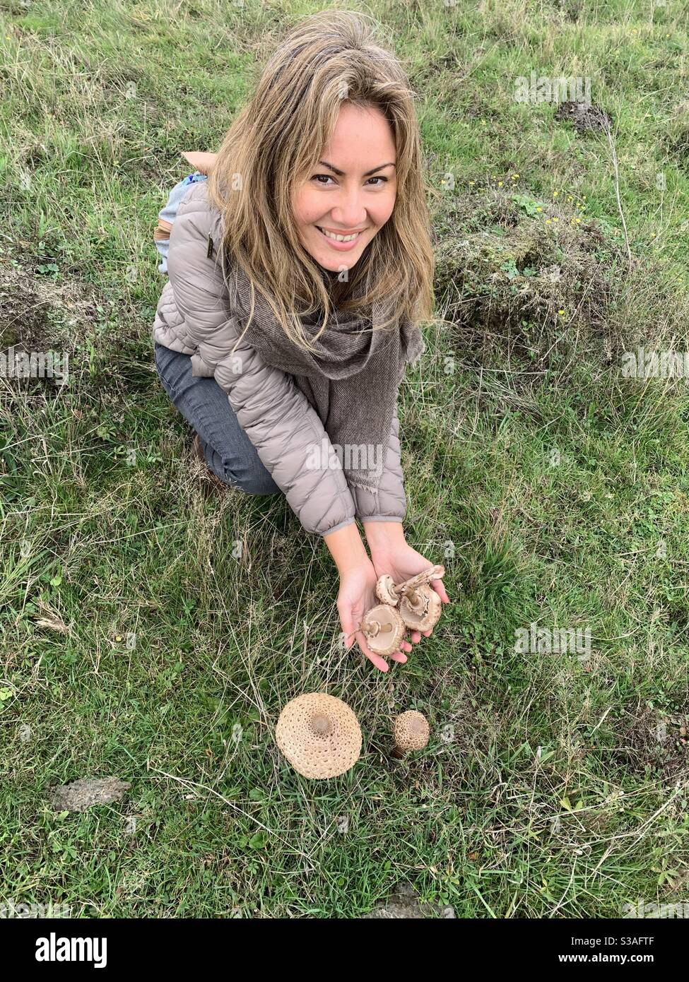Woman holding shaggy parasol mushroom pickings in Staines moor Stock Photo