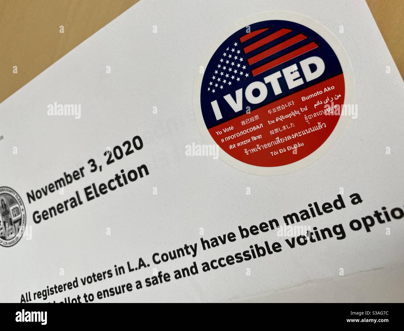 LOS ANGELES, CA, OCT 2020: voting information form with 'I voted' sticker and clearly showing 2020 US presidential election heading - Smartphone Captured Stock Image