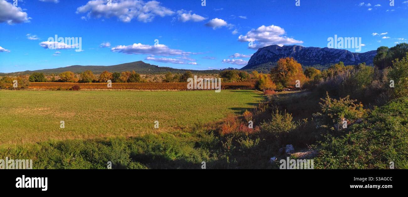 Panoramic view of the Pic St Loup in Autumn, Herault, Occitanie France - Smartphone Captured Stock Image
