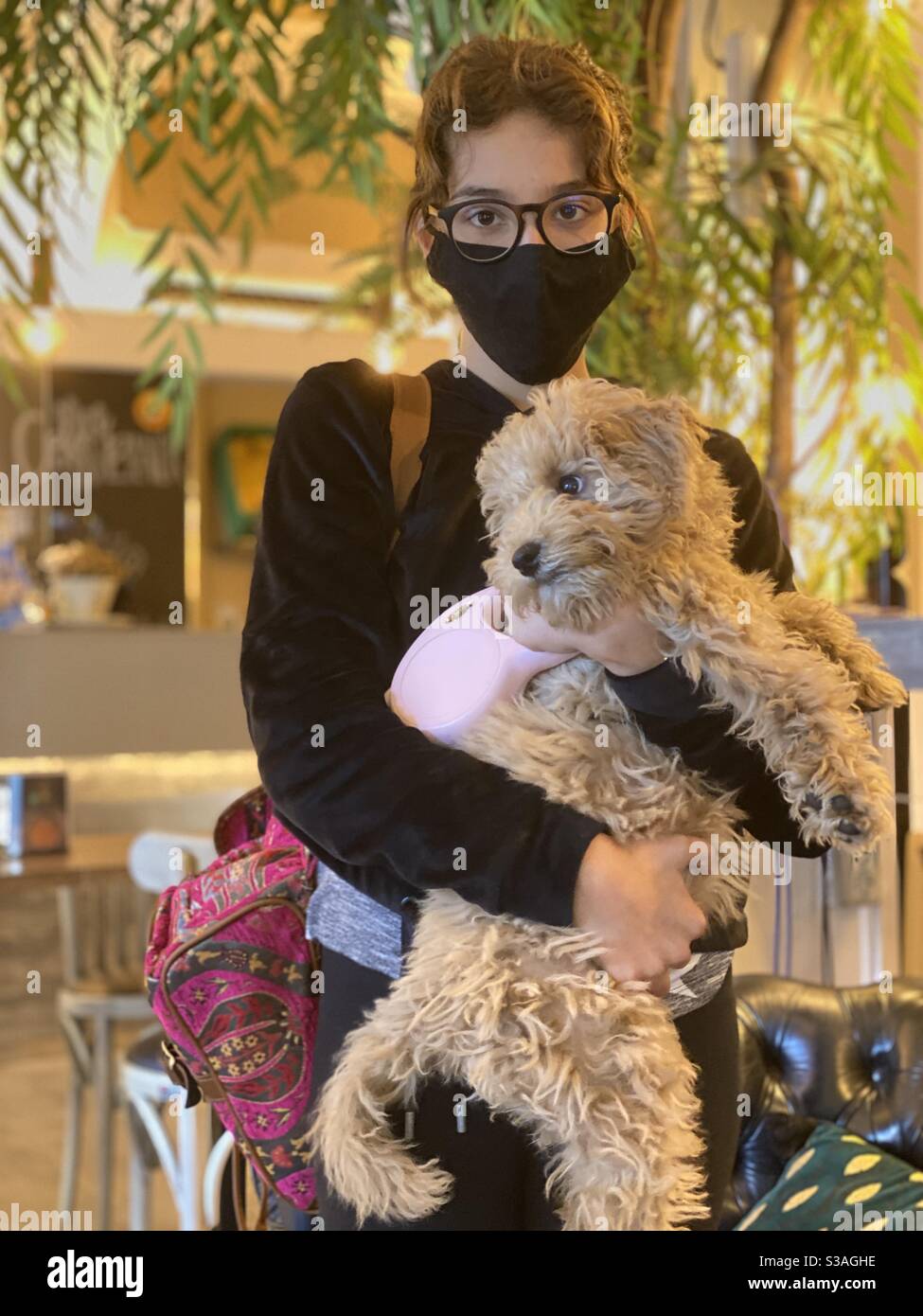 Adolescent girl with her poodle dog - Smartphone Captured Stock Image