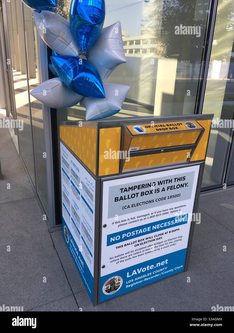 An official Los Angeles County ballot drop box at Long Beach City Hall in the November 2020 election. - Smartphone Captured Stock Image