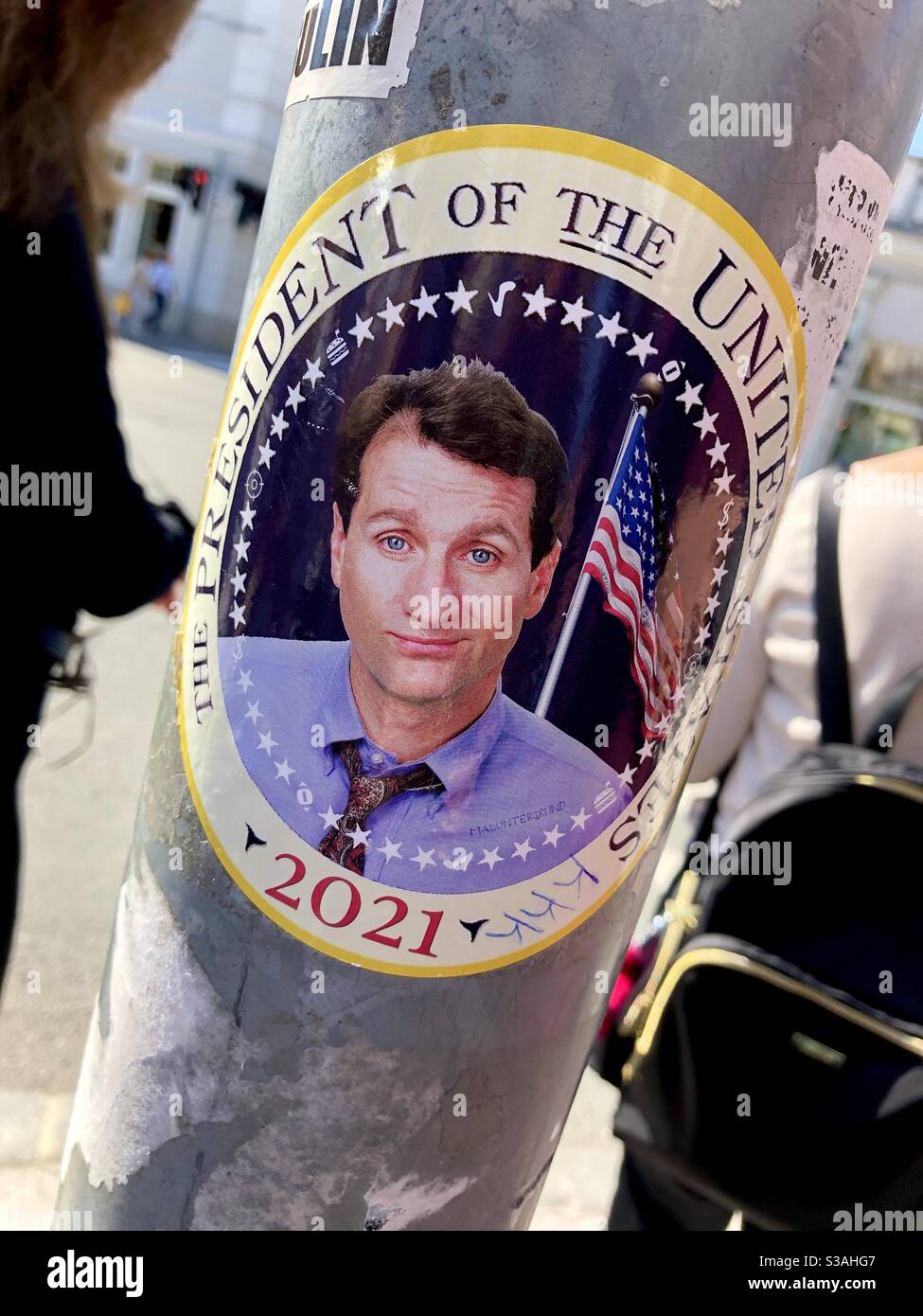 Funny sign of actor Ed O’Neill who played Al Bundy on Married with Children tv show promoting him to be President of the United States in 2021 in Saltzburg, Austria by the Makartsteg bridge. Stock Photo