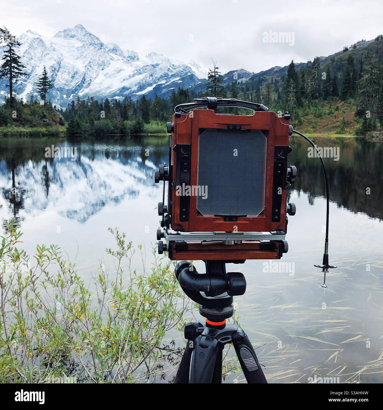 Large format film camera all set for the shot in scenic Pacific Northwest Stock Photo