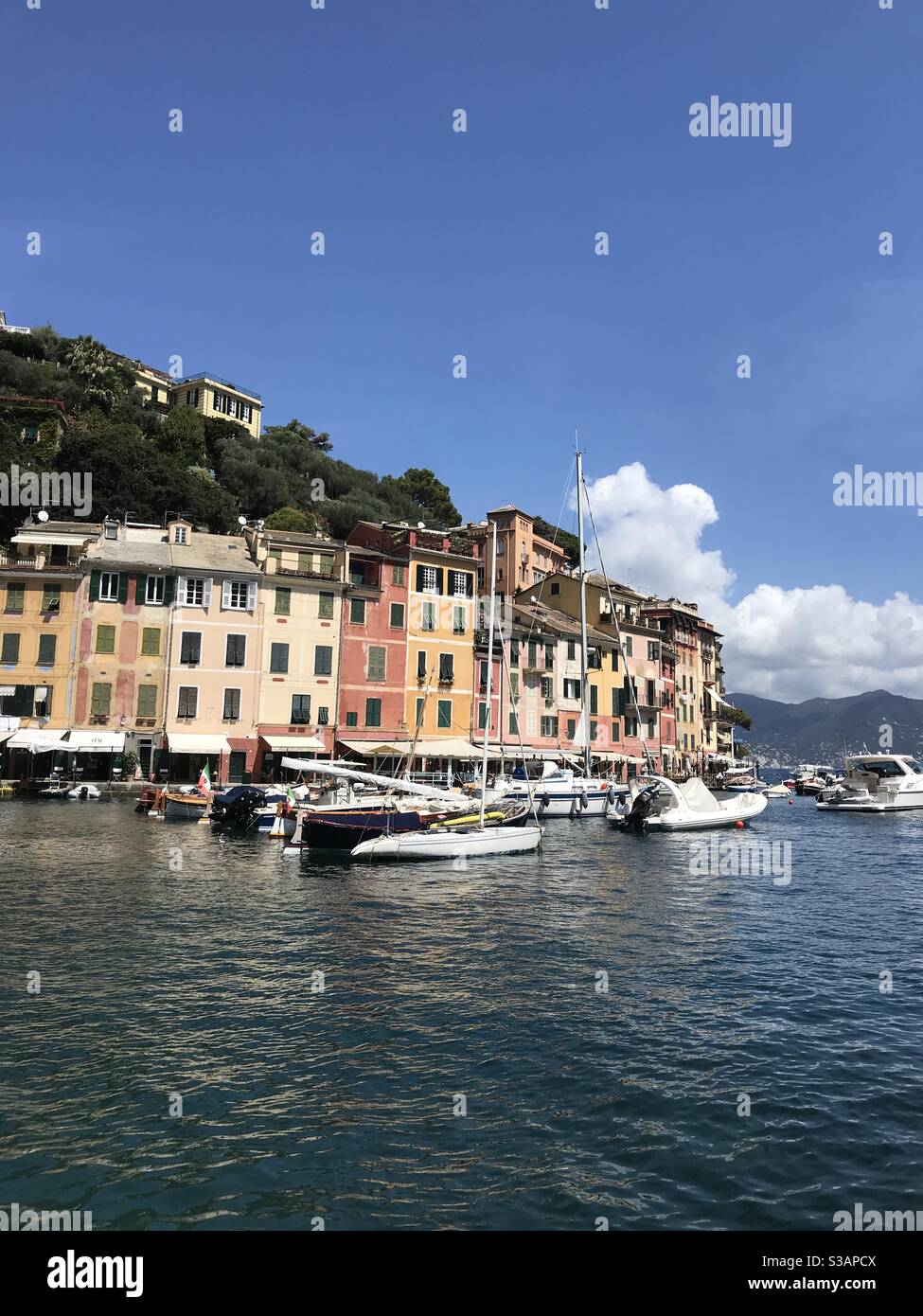 The beautiful fishing village of Portofino on the Italian Riviera coastline - Smartphone Captured Stock Image