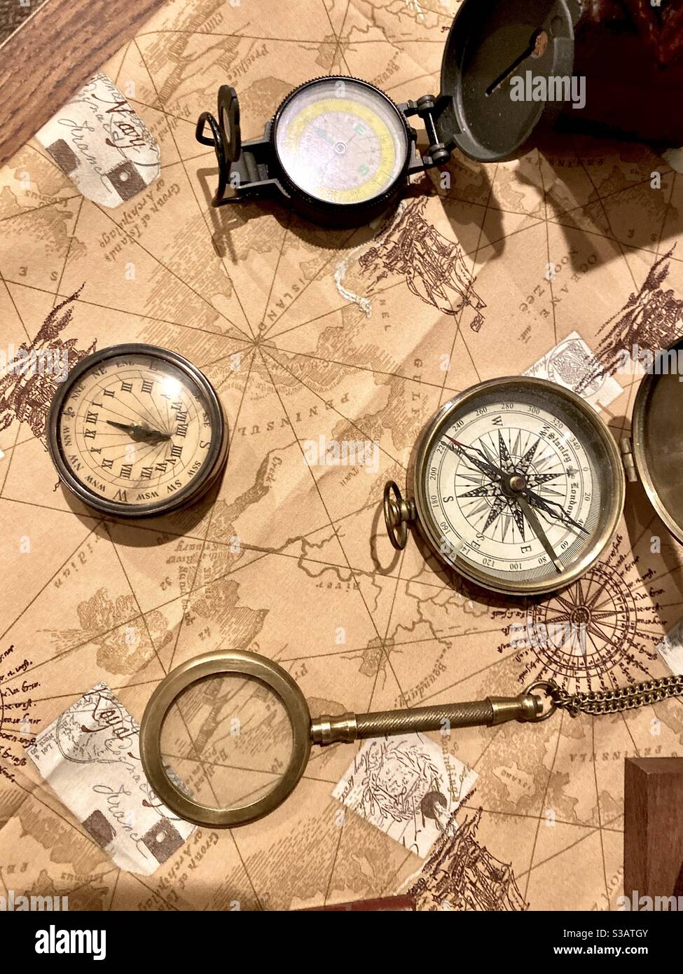 Antique map and compass overhead still life Stock Photo