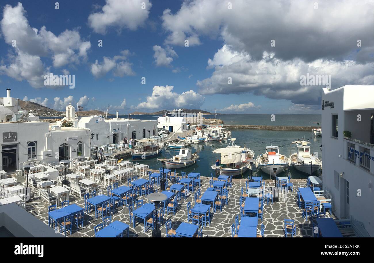 The picturesque fishing port of Naoussa village, in Paros island, Cyclades, Aegean Sea, Greece. - Smartphone Captured Stock Image