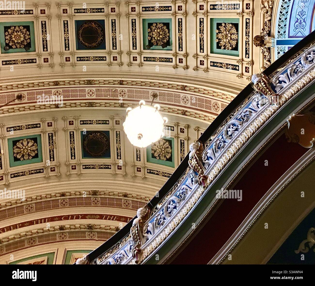 Part of the richly-decorated ceiling and balcony of the Victoria Hall of Leeds Town Hall, Yorkshire, UK. Built 1852-8, this important civic building showed the city’s wealth and importance. Stock Photo