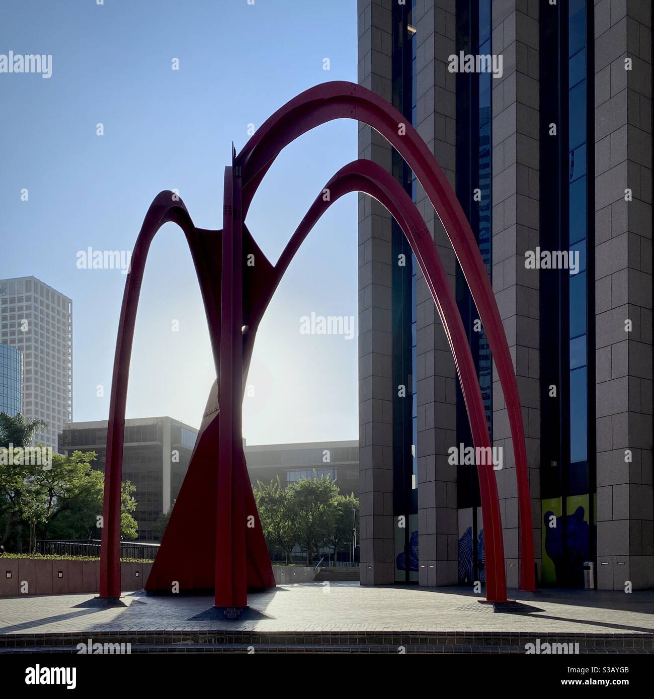 LOS ANGELES, CA, JUL 2020: bright red steel, Four Arches 'stabile' sculpture by Alexander Calder at Bank of America Plaza in Downtown Stock Photo