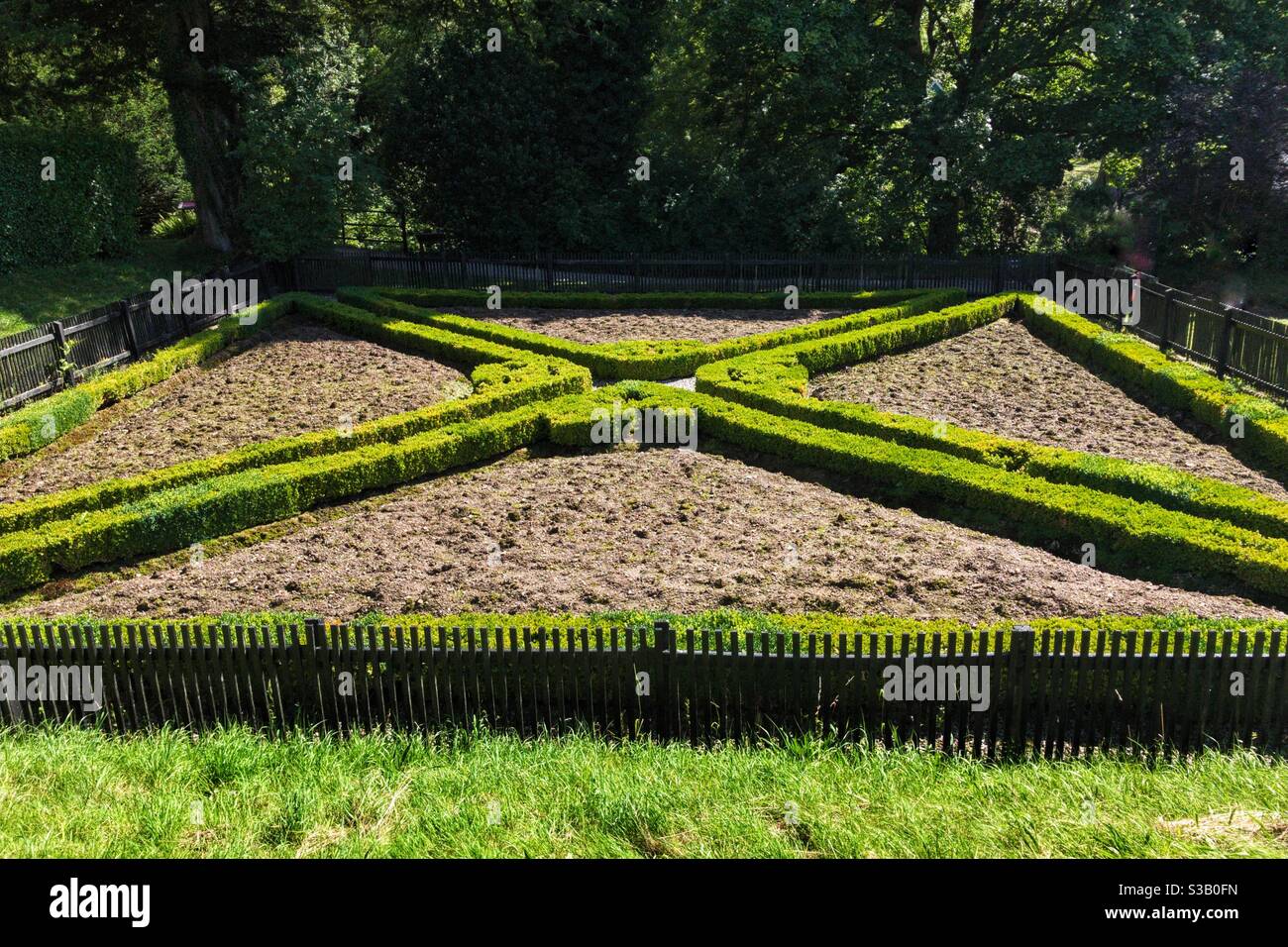 Children’s garden in the shape of the saltire at Kelburn Castle gardens in Fairlie, North Ayrshire, Scotland. - Smartphone Captured Stock Image