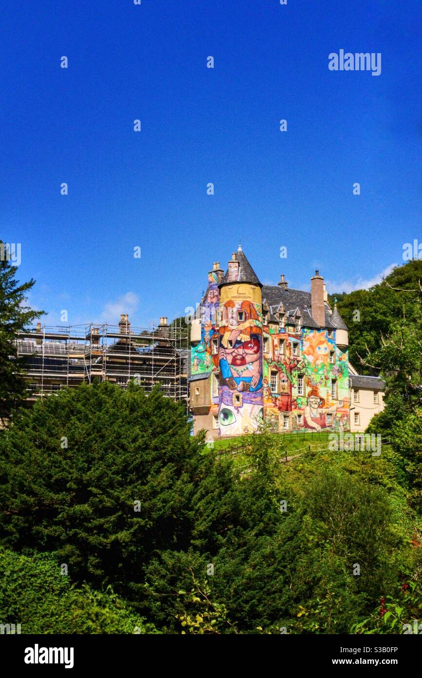 Kelburn Castle painted in bright Brazilian graffiti in Fairlie, North Ayrshire, Scotland. - Smartphone Captured Stock Image