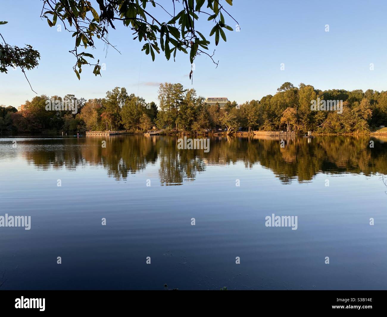 Beautiful Lake with an amazing landscape of trees reflecting and shimmering on a clear sunny sky Stock Photo