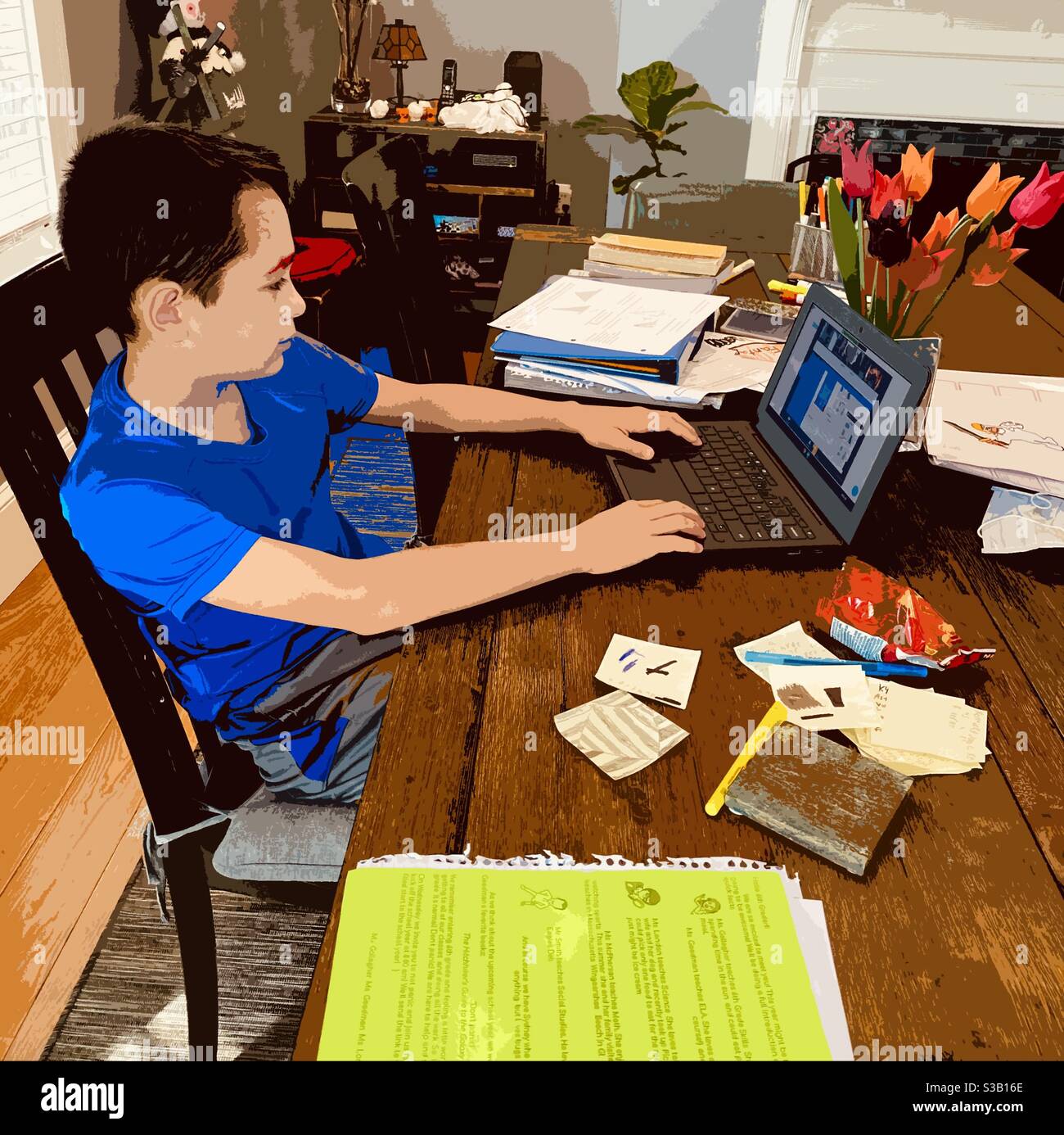 Photo illustration of a preteen boy working at his laptop In a remote classroom at home during the 2020 coronavirus pandemic. - Smartphone Captured Stock Image