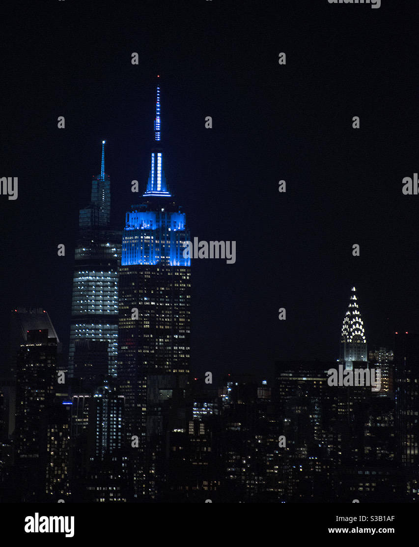 Empire State Building displays its blue lights the night after Election Day 2020 in the USA. Stock Photo