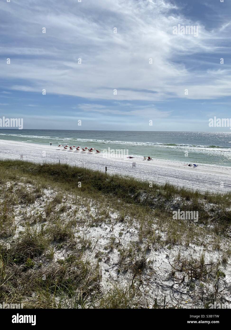 Upper view of Emerald Coast Florida white sand beach in November - Smartphone Captured Stock Image