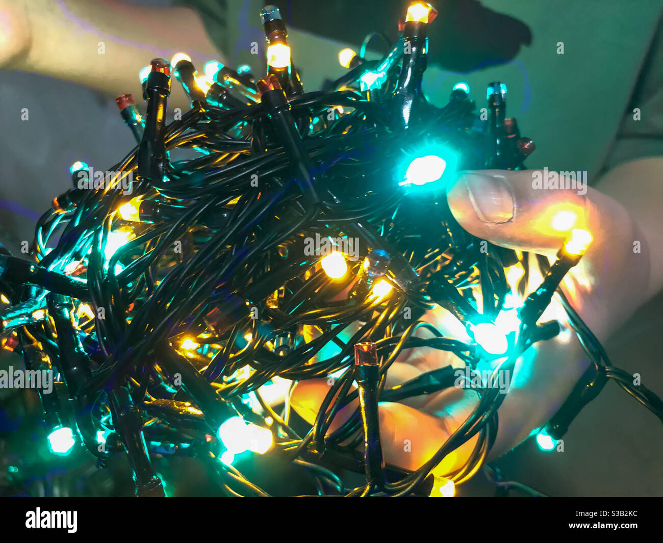 A child holding fairy lights ready to hang on a Christmas tree. - Smartphone Captured Stock Image