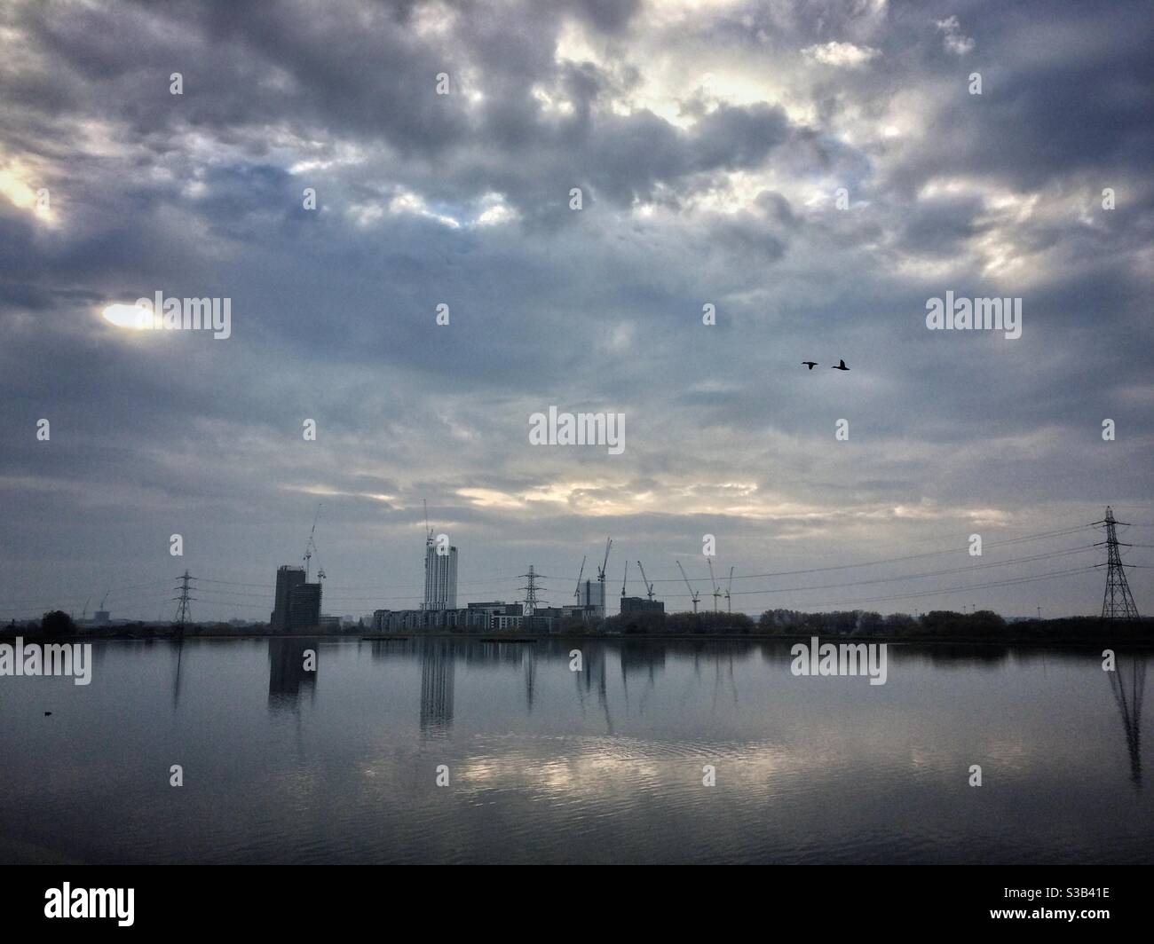 Two wild ducks fly over the reservoirs at Walthamstow Wetlands on a cold winter day, looking across the Lockwood reservoir toward Tottenham  Hale - Smartphone Captured Stock Image