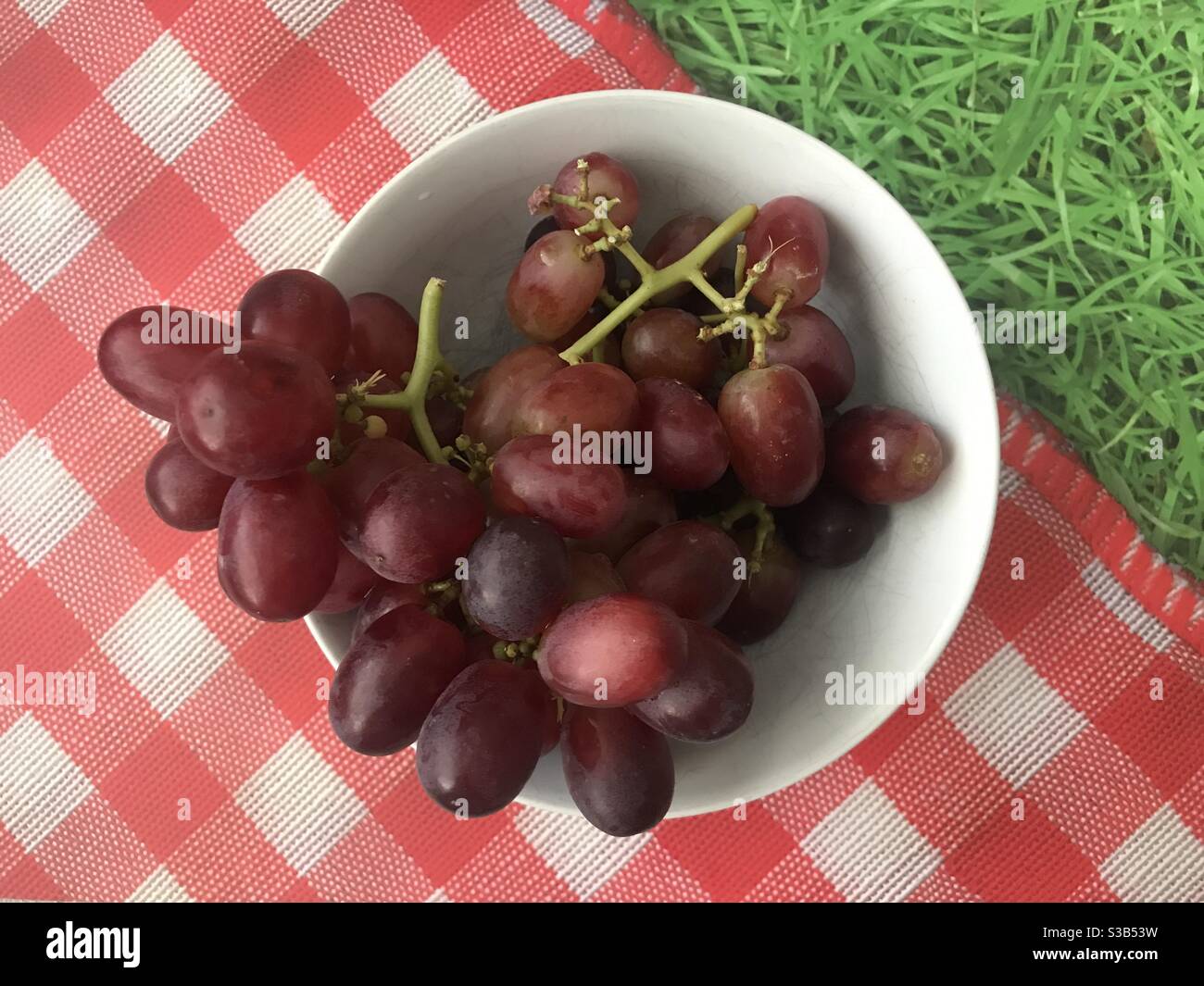 A bowl of red grapes against a picnic background - Smartphone Captured Stock Image