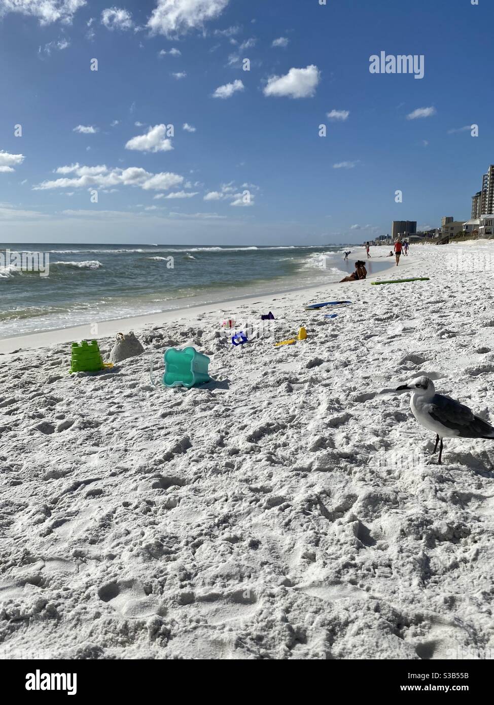 People enjoying an autumn day on white sand beach with bird, toys and ocean water - Smartphone Captured Stock Image