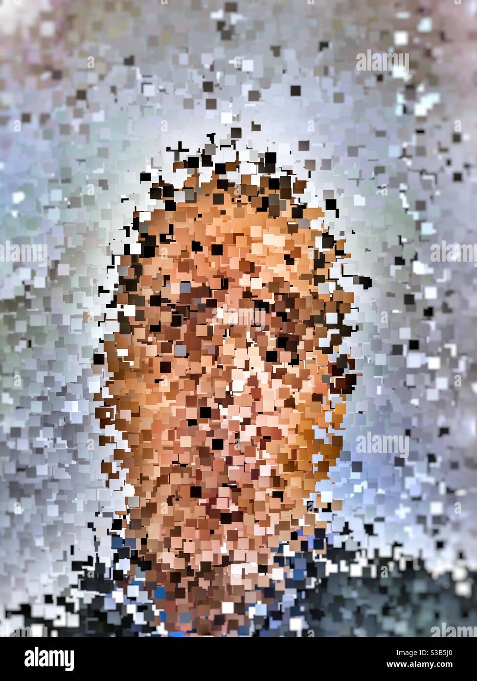 Pixelated mosaic portrait of a man, concept of facial recognition, hacking, identity theft or spying - Smartphone Captured Stock Image