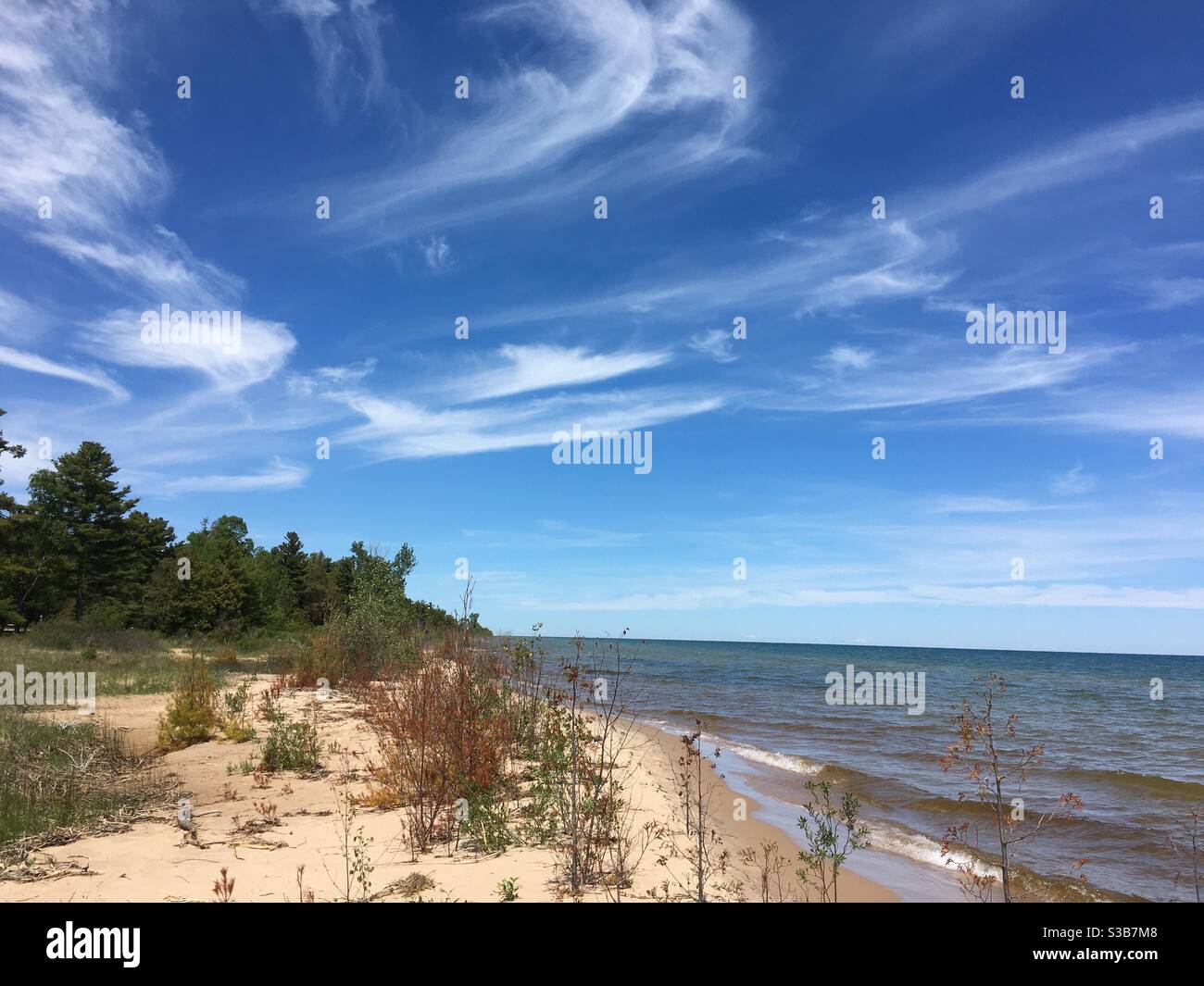 High clouds float above Lake Huron, just north of Oscoda, Michigan