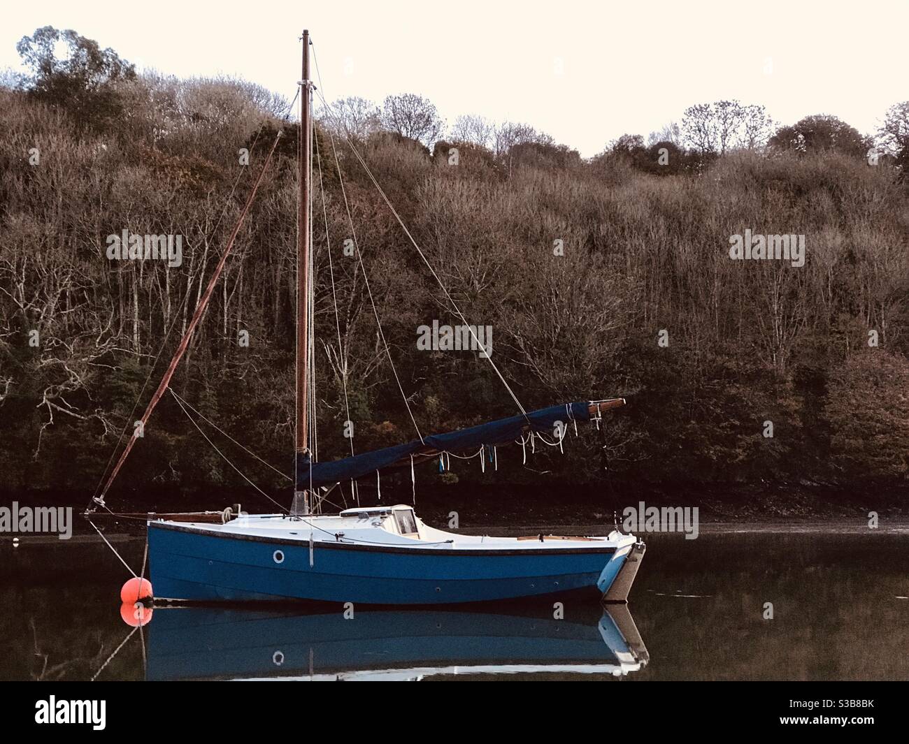 blue yacht off Roundwood Quay in the autumn - Smartphone Captured Stock Image