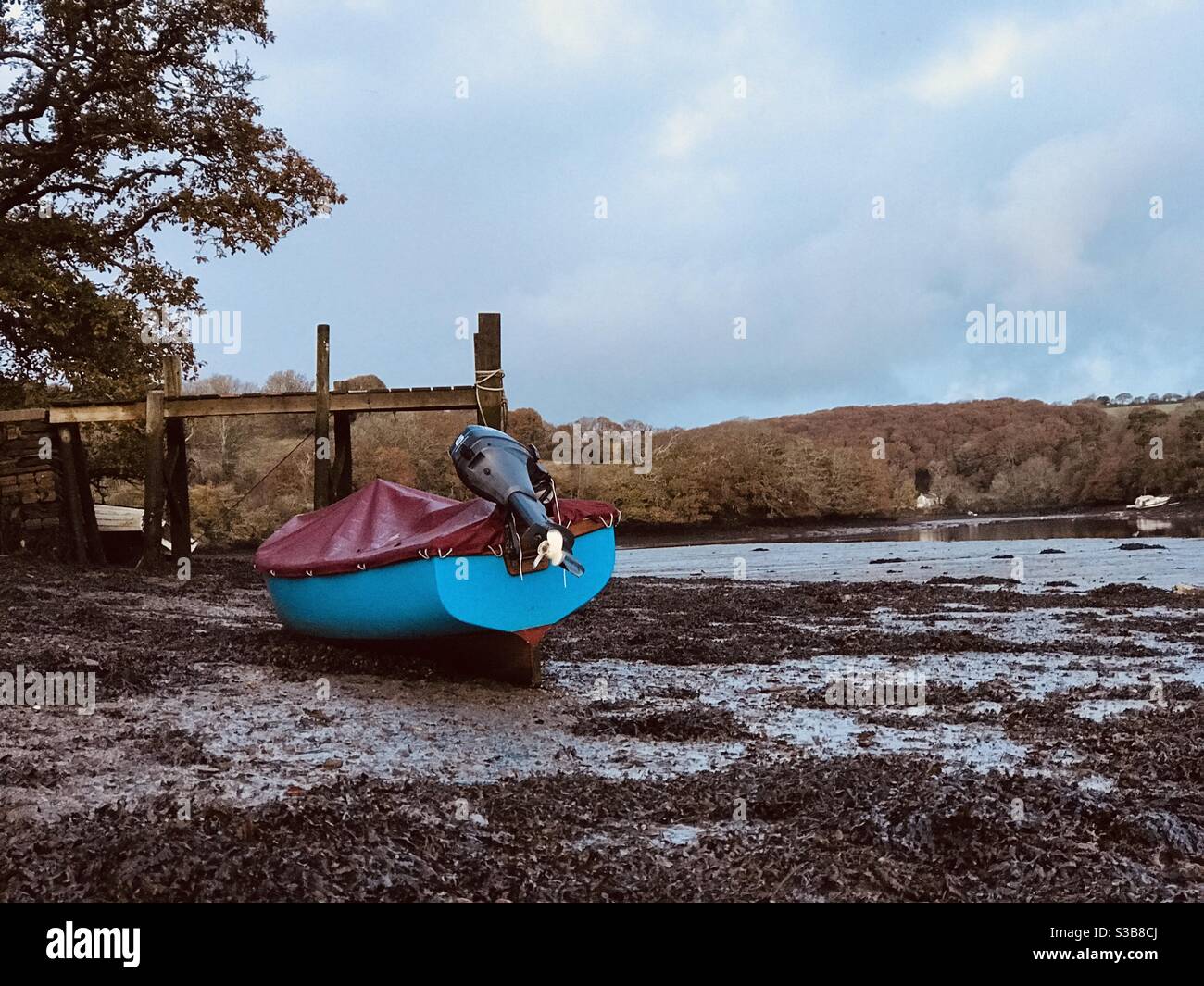 blue boat in autumnal Cowlands Creek - Smartphone Captured Stock Image