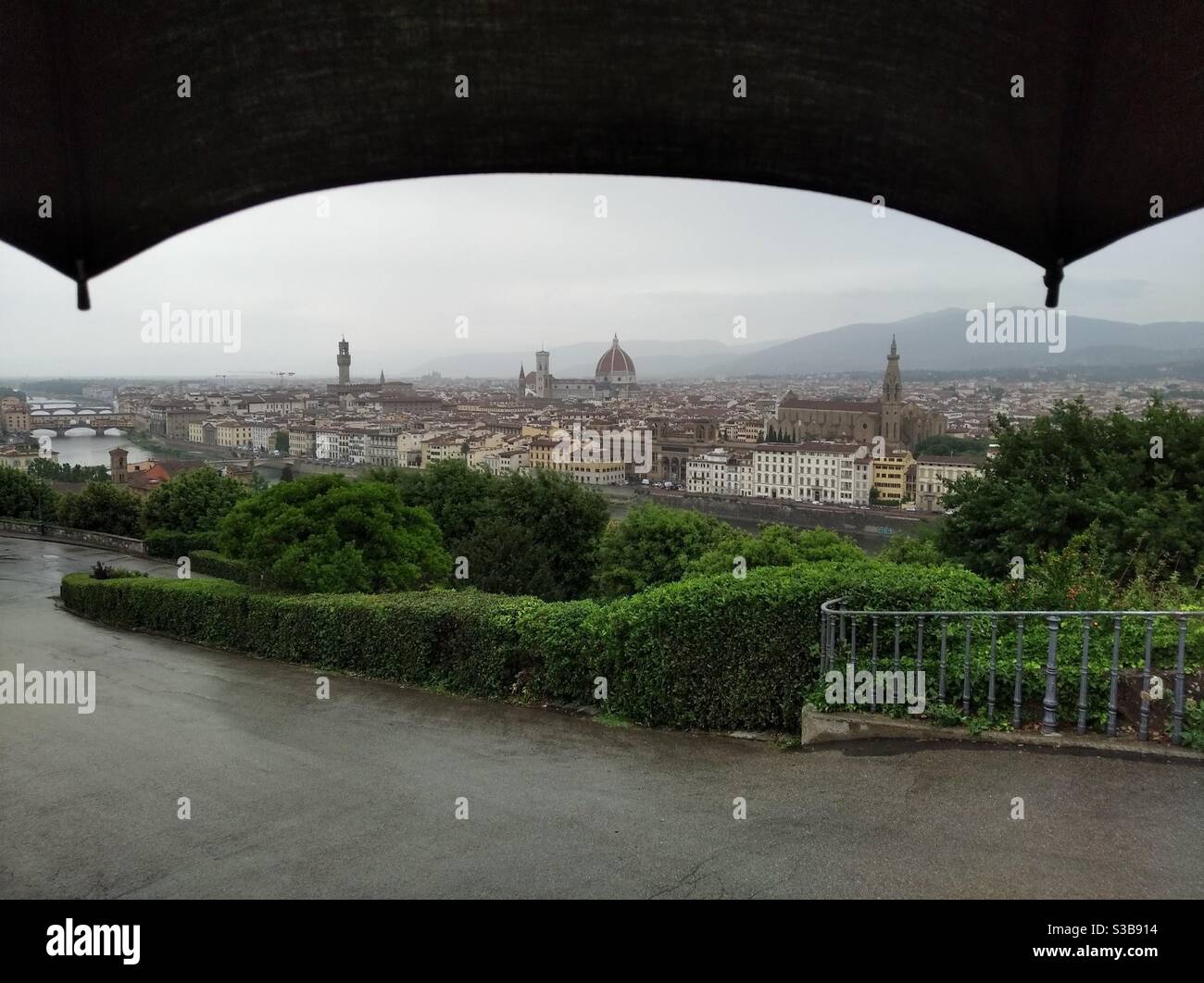 Florence town panoramic view from piazzale Michelangelo during a rainy day Stock Photo