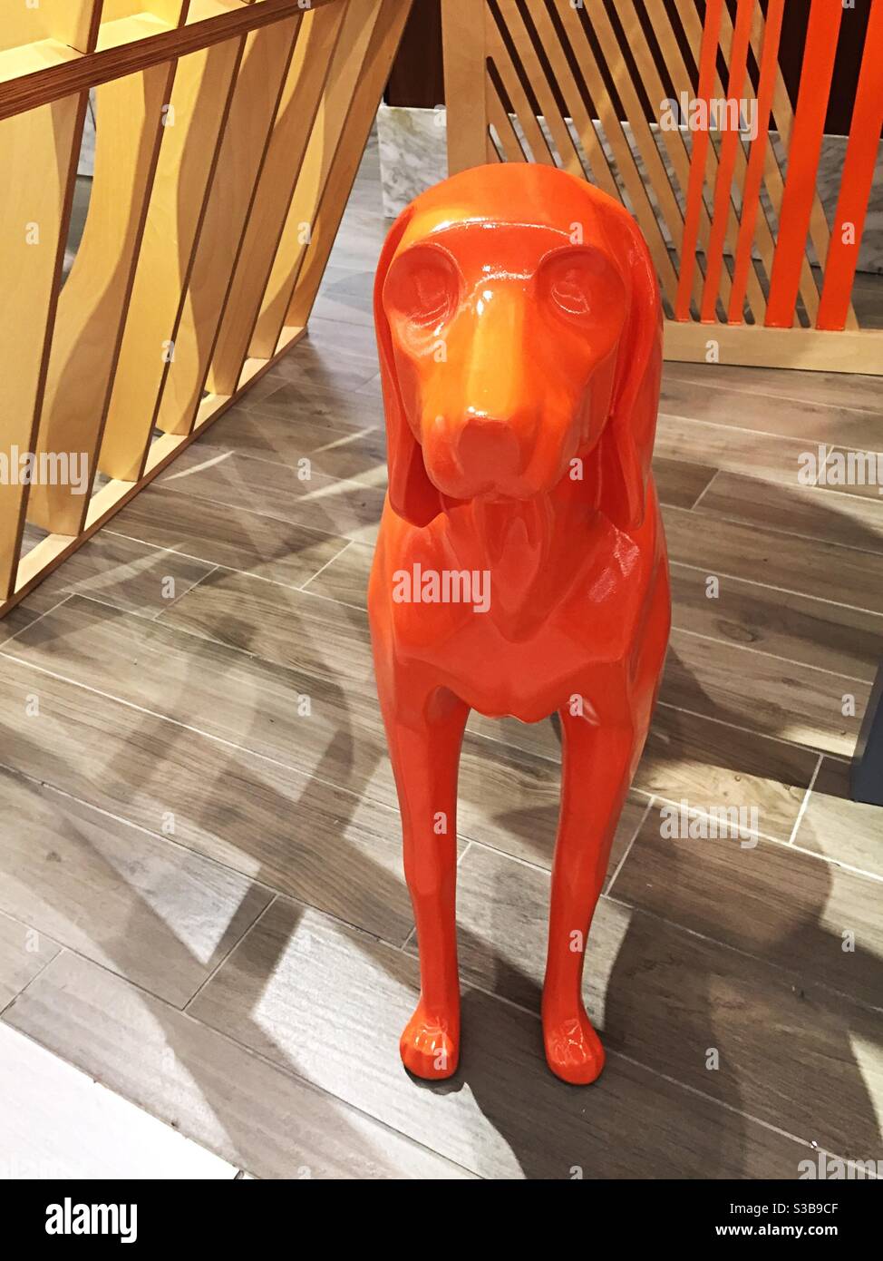 Decoration in a retail store of a large plastic orange dog, USA - Smartphone Captured Stock Image