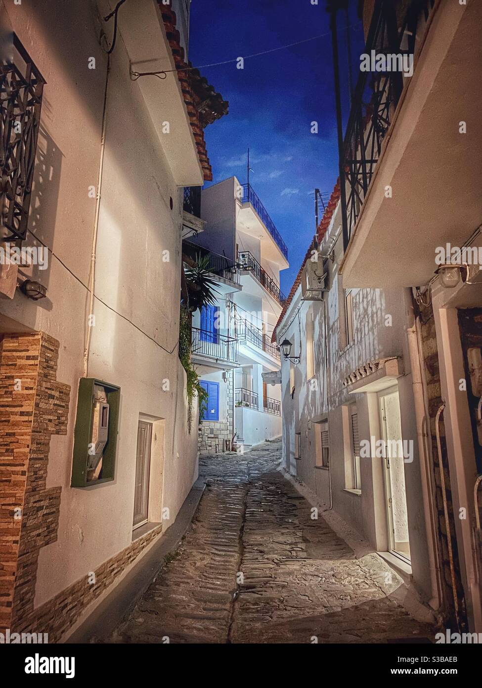 Night street view in Skiathos town. - Smartphone Captured Stock Image