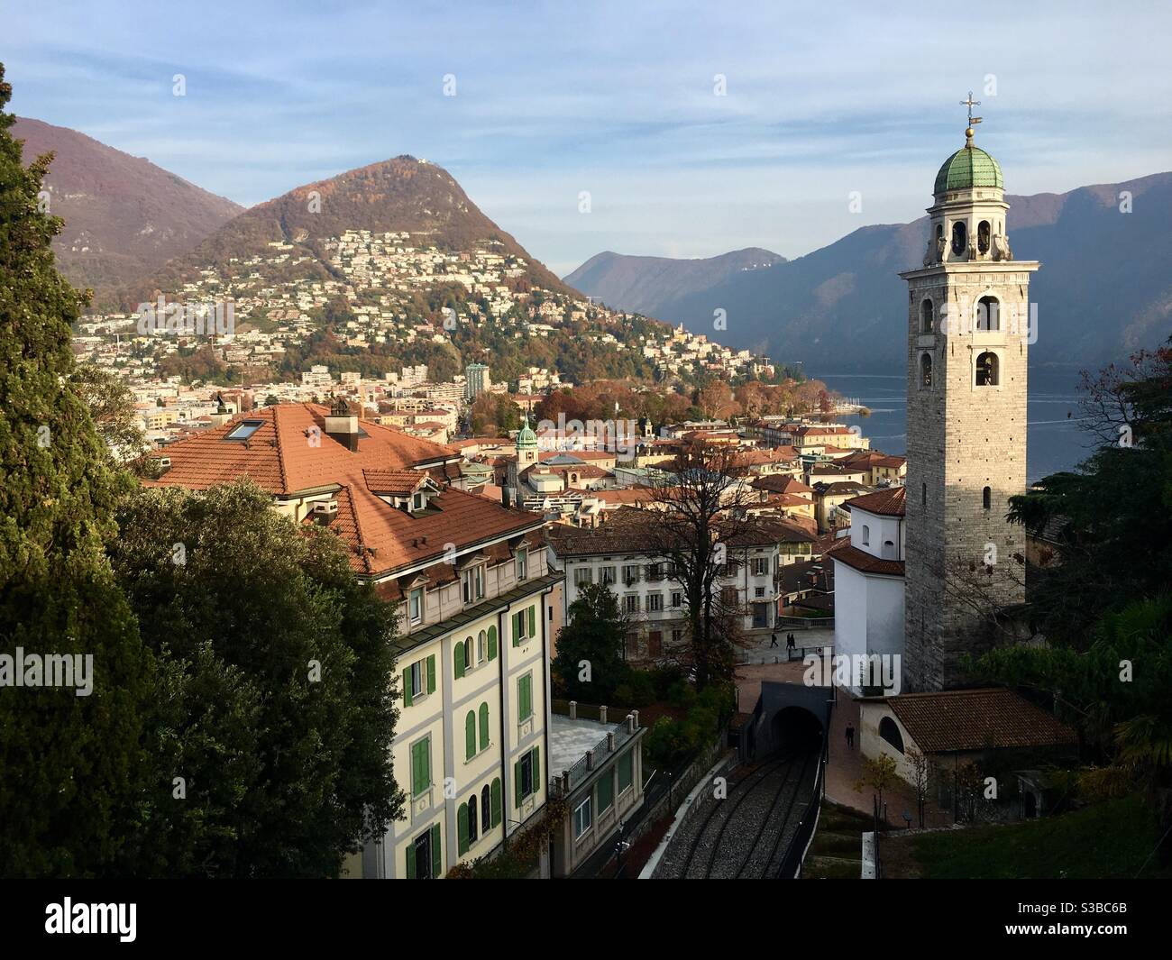 Town Lugano with Monte Bre in back, Ticino Switzerland. Stock Photo