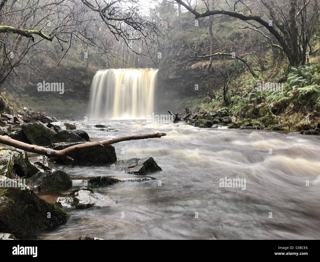 Sgwd yr Eira (Waterfalls of snow) , Vale of Neath, Ystradfellte, after heavy rain, November. Stock Photo