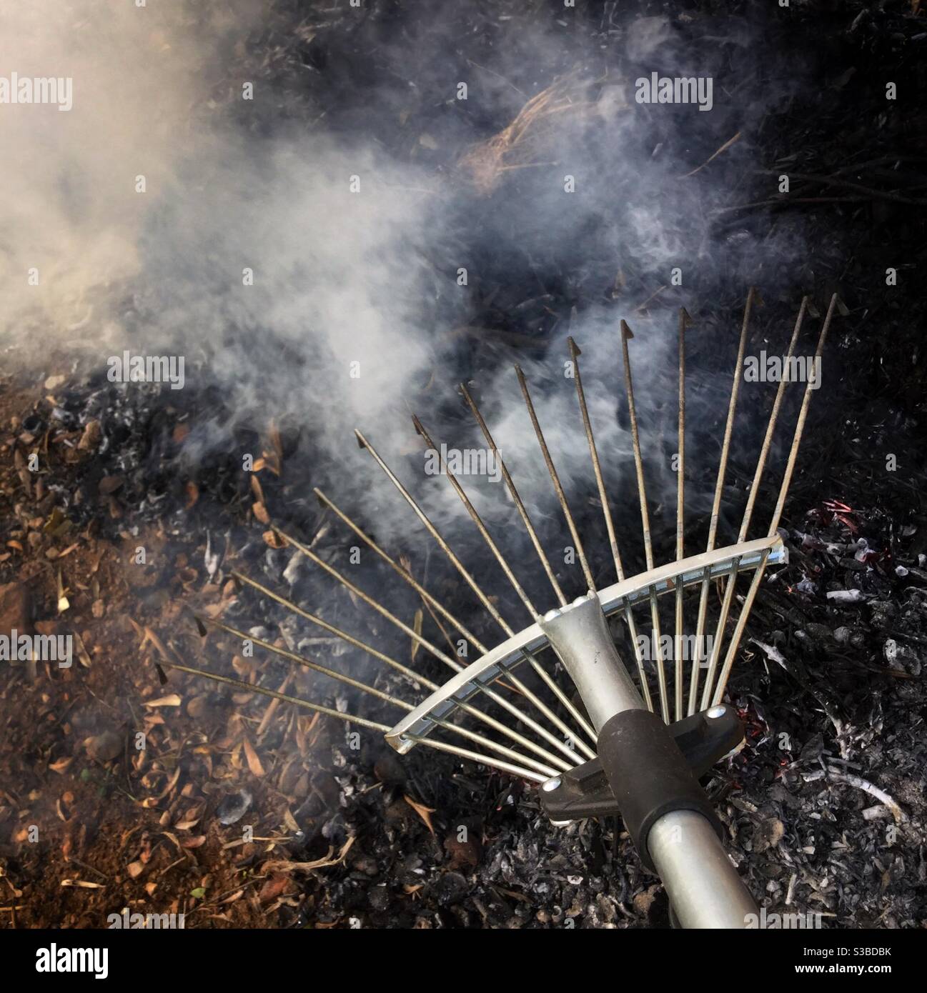 Raking out a bonfire (fire prevention), Catalonia, Spain. - Smartphone Captured Stock Image